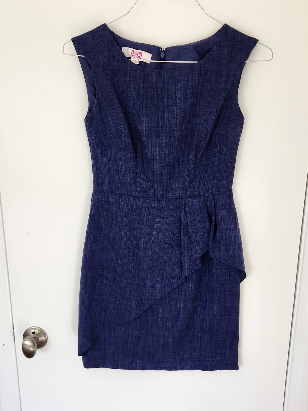 Sleeveless Navy Sheath Dress with Side Ruffle